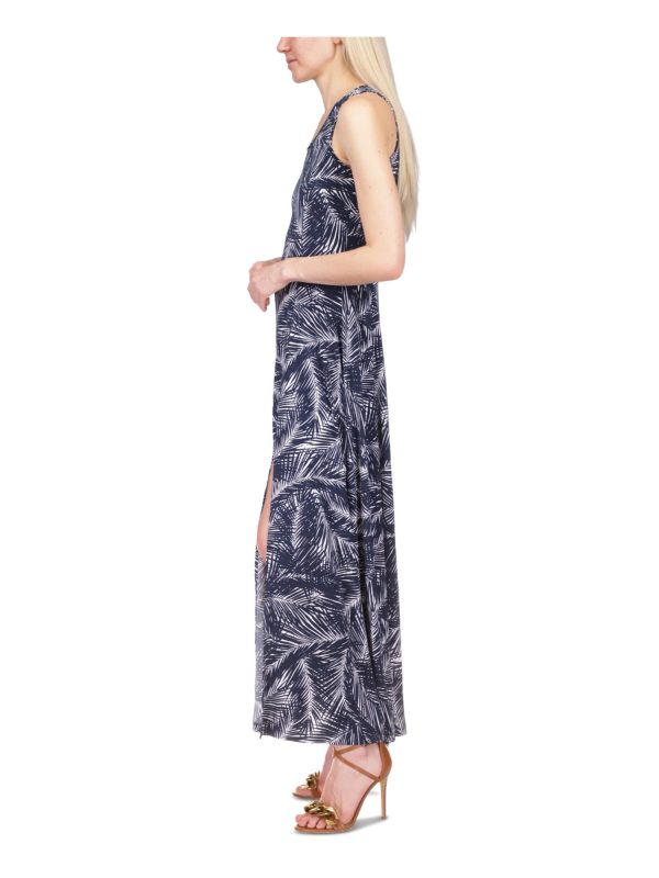 MICHAEL KORS Womens Navy Slitted Printed Sleeveless Scoop Neck Maxi Sheath Dress Discount