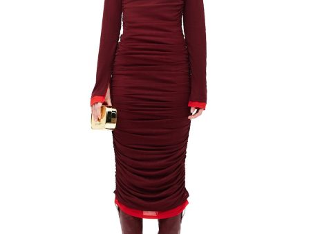 MESH SIMON MILLER Womens Burgundy Ruched Pullover Lined Color Block Long Sleeve Mock Neck Midi Cocktail Body Con Dress Fashion