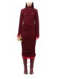 MESH SIMON MILLER Womens Burgundy Ruched Pullover Lined Color Block Long Sleeve Mock Neck Midi Cocktail Body Con Dress Fashion