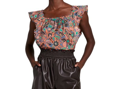 A.L.C. Womens Orange Pleated Ruffled Printed Flutter Sleeve Square Neck Top Online now