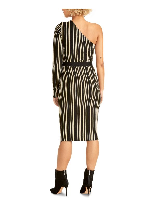 RACHEL ROY Womens Belted Striped Long Sleeve Asymmetrical Neckline Knee Length Sheath Dress Online