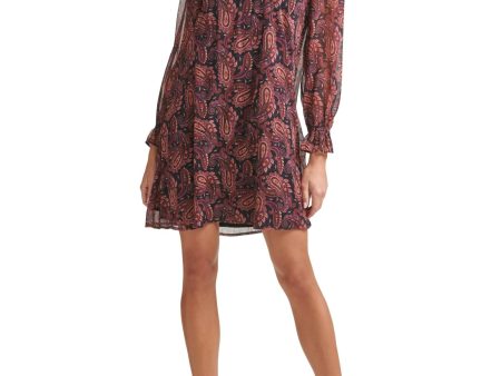 TOMMY HILFIGER Womens Pleated Paisley Pouf Sleeve Crew Neck Short Evening Trapeze Dress Online Sale